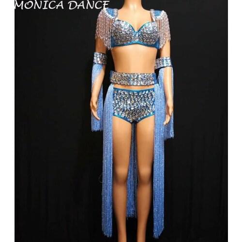 Women Nightclub Women Singer Sexy Costume Blue Tassel Big Rhinestones Bikini 4-Pieces Dance Outfits Leading Dancer Costumes