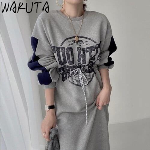 WAKUTA Harajuku 2021 Women Dress Letter Printed Drawstring Slim Waist Split O Neck Long Dresses Female Chic Ins New Casual Wild