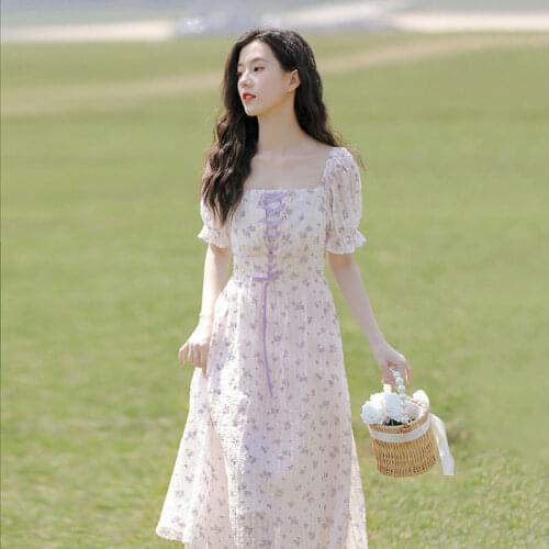 Bella 2021 new Summer Vintage Kawaii Floral Midi Dress Women Elegant Sweet Print Short Sleeve Dresses Romantic Bandage Dress