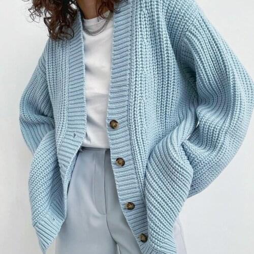 Winter Cardigan Sweater Women Casual Blue Cardigans Ladies Vintage Button Coats Long Sleeve Loose Sweaters Elegant Knitwear