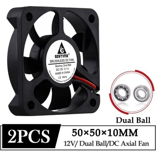 2Pcs Gdstime 12V 50X50X10mm 50mm Dual Ball Bearing Mini Brushless DC Cooling Fan 5cm 50mmx10mm Industrial Box Cooler