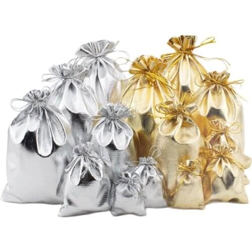 20pcs Gold Foil Organza Bags Drawstring Jewelry Pouches Candy Gifts Bag 4Size Wedding Christmas Decoration Packaging Bags