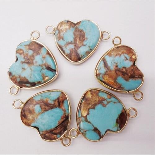 5Pcs 27x15x6mm Alloy Serging Blue & Brown Sea Sediment Jasper & Pyrite Love Heart Pendant DIY Jewelry Bracelet Accessories M462