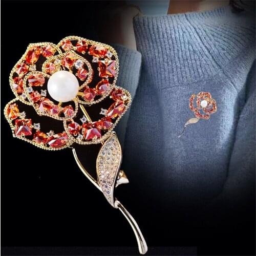 Shinning Large Luxury CZ Rose Brooches and Pins for Women Fashion Jewelry Crystals Pearl Banquet Flower Brooch Christmas Gift