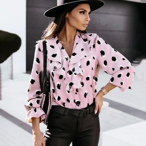 Elegant Women Polka Dot T Shirt Long Sleeve V-neck Print Tops Spring Autumn Fashion Casual loose Ruffles T Shirts For Woman