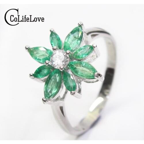 Luxurious emerald gemstone ring 8pcs natural Columbia emerald flower ring solid 925 silver emerald ring romantic anniversary gif