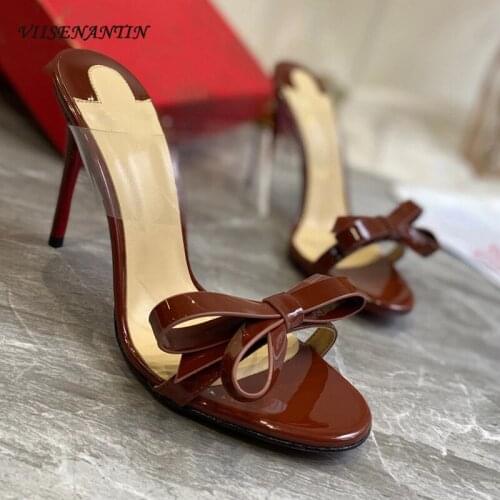 Summer Bowknot Transparent Film Open Toe Stiletto High Heel Slippers New Patent Leather Retro Sweet Lady Party High Heels