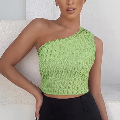 Summer Sexy Women Vest Rhombus One Shoulder Halterneck Solid Color Diamond Printed Knitted Blouse T-shirt top for Office