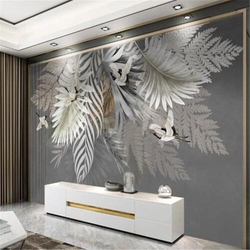 Milofi custom wallpaper mural hand-painted Nordic leaf crane art TV living room bedroom background wall decorative painting mura
