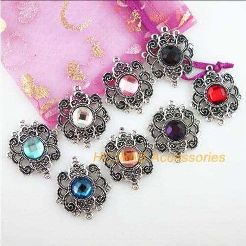 Fashion 8Pcs New Flower Charms Tibetan Silver Tone Retro Mixed Crystal Connectors 27.5x31.5mm
