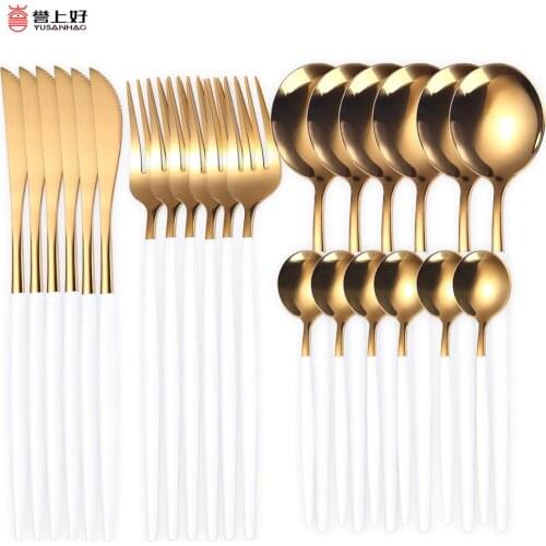 24Pcs Home Cutlery Set Gold Dinnerware Set Stainless Steel Knife Fork Spoon Food Grade Luxury Tableware Gift Box Dishwasher Safe