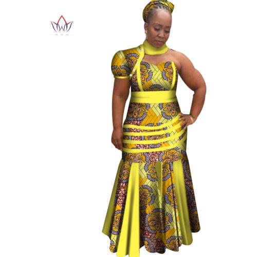 New Dashiki Women Long Dresses with Headscarf Bazin Riche African Patchwork Dresses for Women African Style Clothing WY4070