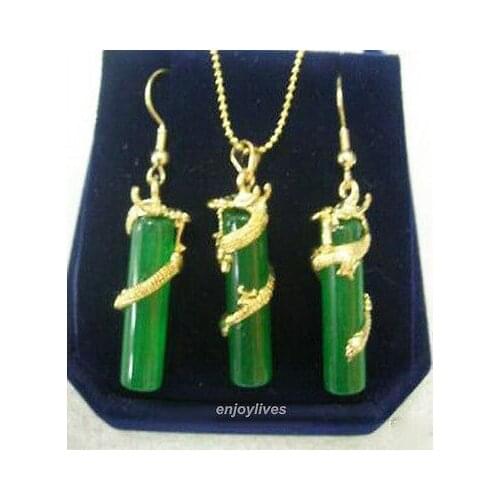 New Style Hot sale****Green jade Yellow Dragon Pendant Earrings & Necklace Set Fashion Wedding Party Jewellery