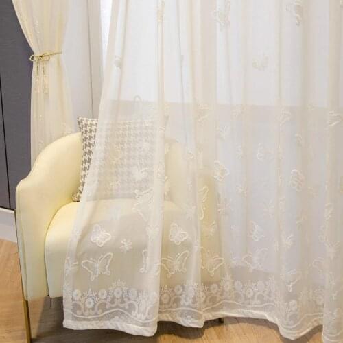 White Butterfly Flocking Voile Sheer Curtains for Living Room Floral Drape Panel Scarf Valances Patio Sliding Door Window Drapes