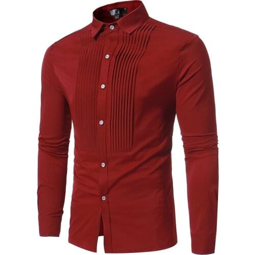 Fashion Pleated Lapel Red Shirt Men 2020 Autumn New Slim Fit Long Sleeve Tuxedo Shirt Male Wedding Dinner Party Chemise Homme XL