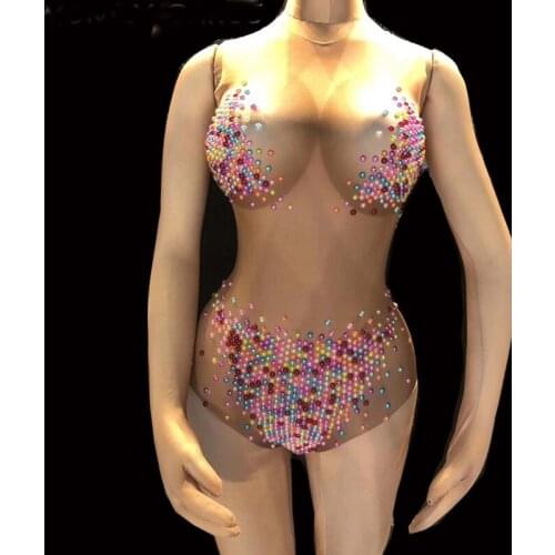 3 Colors Sexy Sparkly Rhinestones Leotard One-Piece Costume for Dj Female Singer Nightclub Dance Stones Skinny Stretch Bodysuit