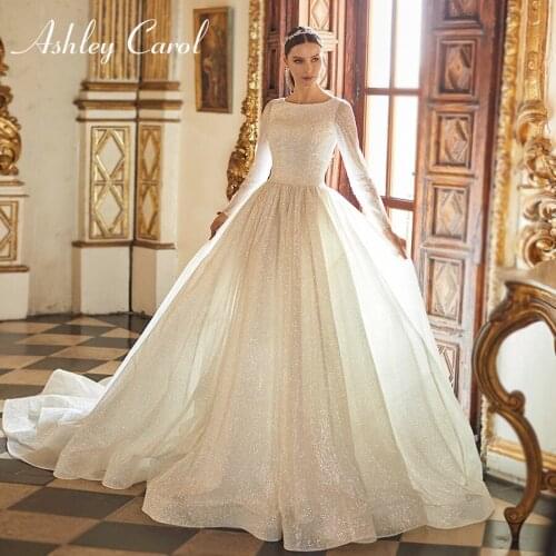 Ashley Carol Princess Wedding Dress 2021 Elegant Scoop Long Sleeve Shining Muslim Bride A-Line Bridal Dresses Vestido De Noiva
