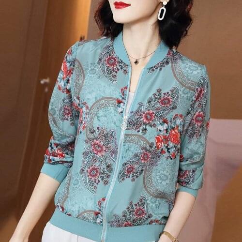 Thin See Through Chiffon Jacket New 2021 Women Fashion Flower Print Zipper Green Coat Casual Streetwear Outwear 5XL Plus Size