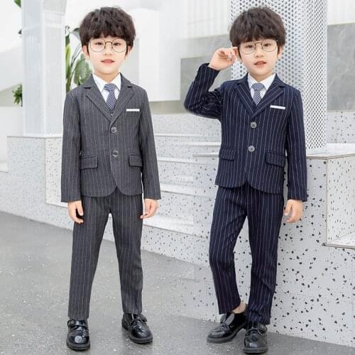 Spring Children Formal Dress Suit Set Flower Boys Wedding Performance Host Performance Costume Kids Striped Blazer Vest Pants