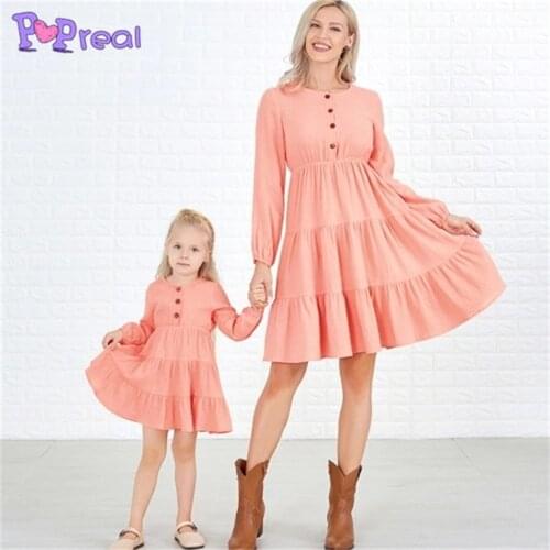 PopReal Spring Autumn Fashion Solid Buttons Long Sleeve Dress Girl Family Dress Mom And Daughter Skirt Mother Kids Family Look