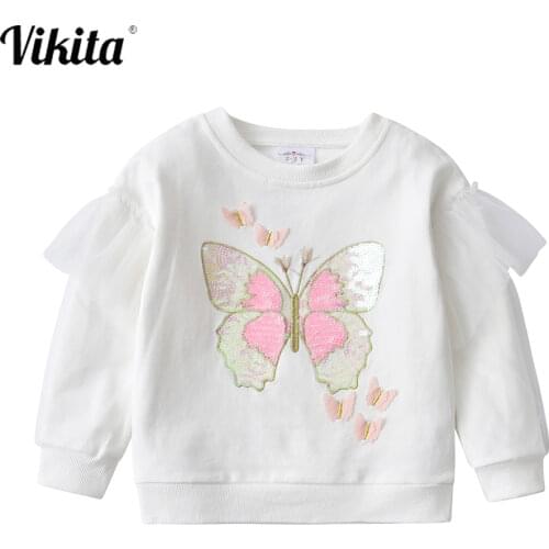 VIKITA Girls Sweatshirts for Autumn Spring Kids Cotton Pullover Tops Butterfly Unicorn Cartoon Sweatshirt Children Clothes
