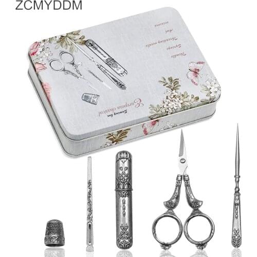 ZCMYDDM 5PCS Vintage Sewing Kits Sewing Scissors Alloy Awl Threader Thimble Needle Case for Cross Stitch Embroider Sewing Tools