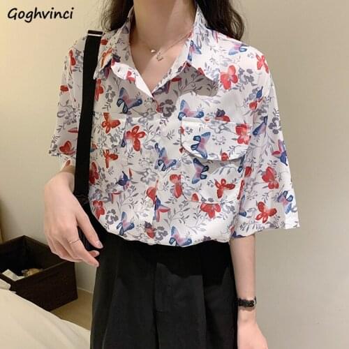 Shirts Women Butterfly Floral Printed Half Sleeve Harajuku Vintage Teens Shirt Pockets Patchwork Ins Korean Style Chic Blouses