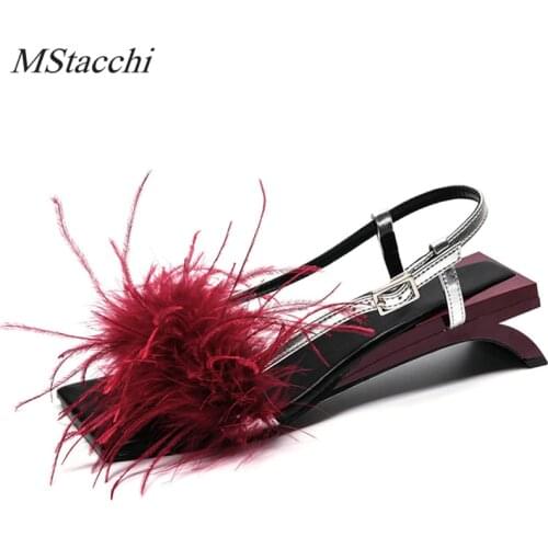 Mstacchi Summer Women Sandals A Word Type Strap Strange Heel True Feather Sandals Ornaments Alien Heel Ladies Party Shoes Woman
