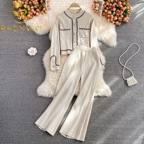 Autumn New Women Knitted Outfits Long Sleeved Casual Sweater Coat Tops + Wide-Leg Pants Fashion Tracksuit Two-Piece Sets