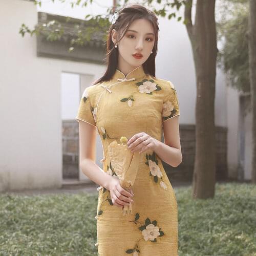 Traditional Women Cheongsam Elegant Print Flower Party Dress Noble Split Sexy Evening Robe Gown Chinese Style Qipao Vestidos