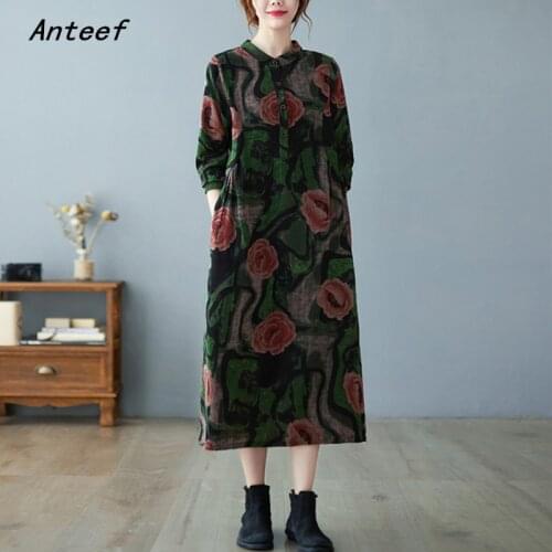 Long sleeve plus size cotton linen vintage floral dresses for women casual loose spring autumn dress elegant clothing 2021