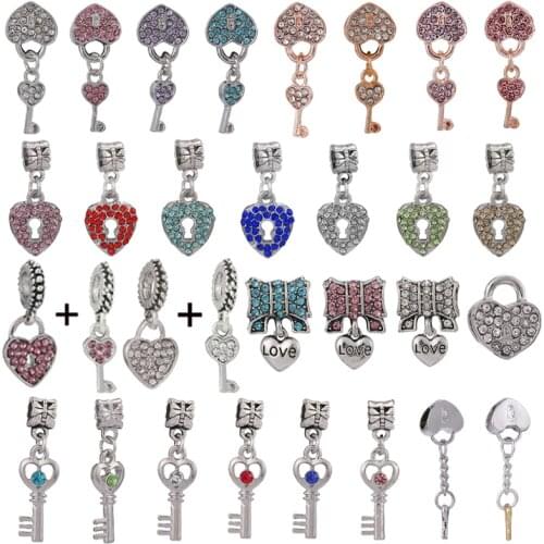 2Pcs/Lot45 Styles Crystal Love Key Charm Pendants Fit Silver Plated Charm Bracelet For Women Valentines Day Jewelry Gift Making