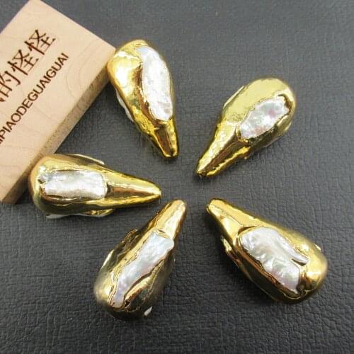 APDGG Wholesale 5 pcs Freshwater Cultured White Pearl Teardrop Pearl Beads Gold Plated Beads