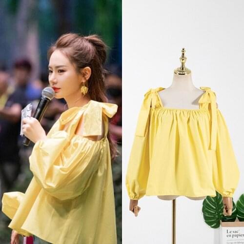 Kpop IU Seo Yea Ji summer new yellow Bow-knot strapless lace-up shirt women korean party fashion lantern sleeved blouse and tops
