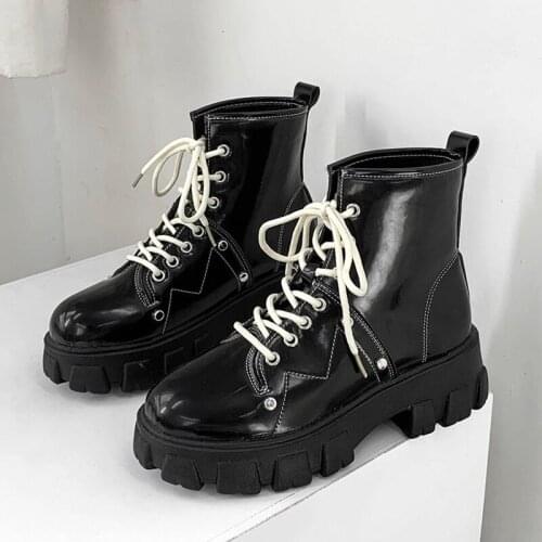 Patent Leather Chunky Motorcycle Boots Fashion Lace Up Platform Shoes Woman Autumn Winter Thick Sole Black Ankle Boots