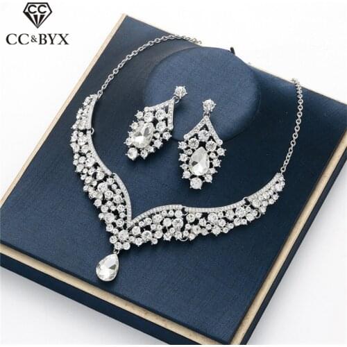 CC Wedding Bridal Jewelry Sets for Women Necklace and Drop Earring Water Drop Shape Rhinestone Engagement Party Fine Gift D022