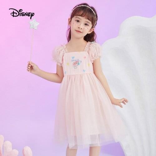 Disney Children Dress Girl Fluffy Mesh Cartoon Short Sleeve Dress Summer Skin Friendly Ventilation Sweet Lovely Princess Dress