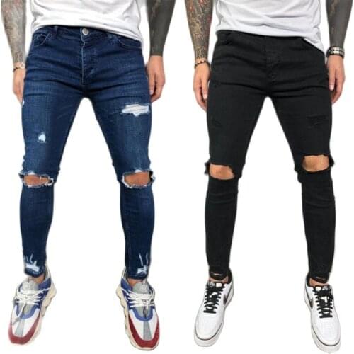 Mens Ripped Stretch Slim Jeans Cool Skinny Elastic Denim Pants Blue Black For Male Spring Summer Autumn Hip Hop Large Size