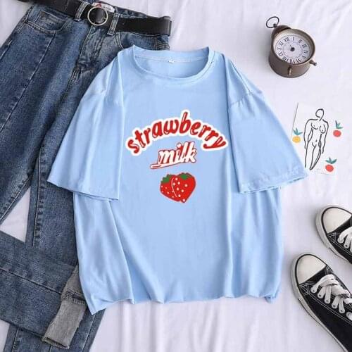 Strawberry Milk T Shirt Women Summer Harajuku Kawaii Cartoon Print Tee Shirt Femme Korean Style Casual Short Sleeve Tops Clothes