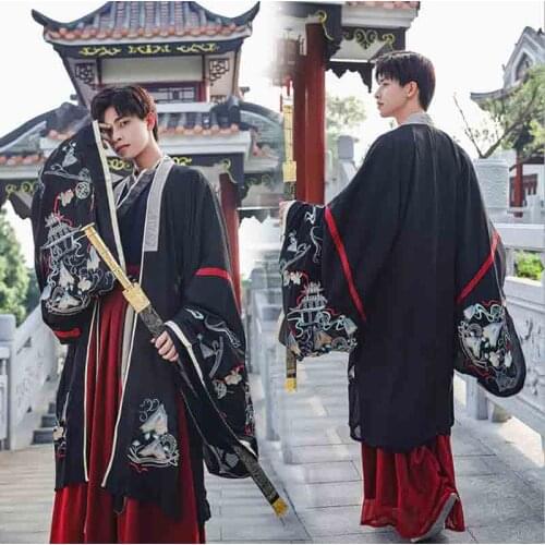 Hanfu Men Chinese Traditional Embroidery Hanfu Male Halloween Carnival Cosplay Costume Black&Red Hanfu Outfit For Men Plus Size