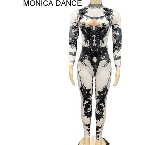 Women Sexy Stage Black Printing Sequin Stretch Jumpsuit Leotard Tights Nightclub Bar Pole Dance Team Costume Sexy Stage Wear