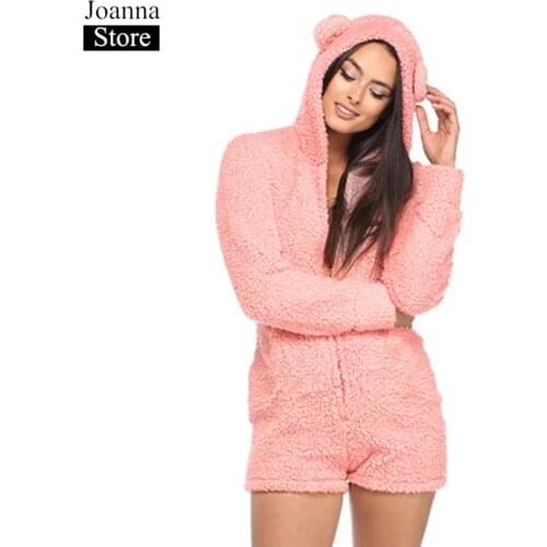 Autumn Winter New Women Hooded Cute Plush Ears One-Piece Home Service Long Sleeve Furry Jumpsuits Female Plus Size Teddy Clothes