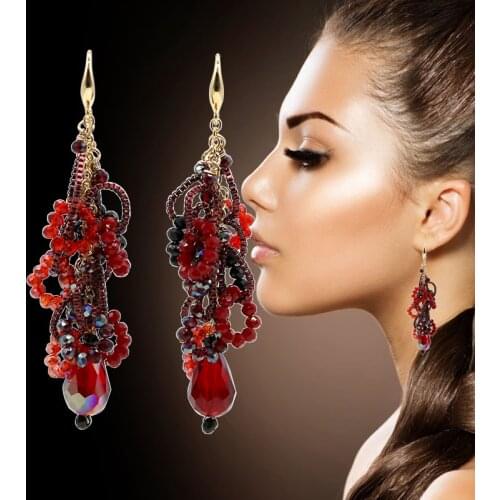 Trendy Handmade Red Crystal Beaded Dangle Drop Long Earrings For Women Wedding Party Christmas Gift Jewelry