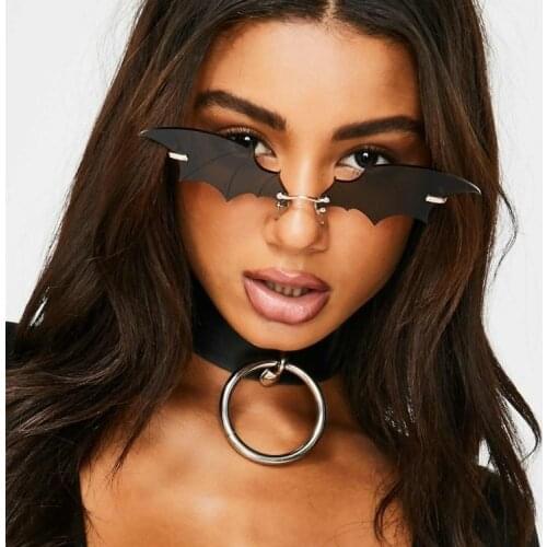 Fashion Rimless Men Sunglasses Women Trendy Bat Shaped Sun Glasses Female Male Vintage Black Mirror Shades Metal Oculos De Sol