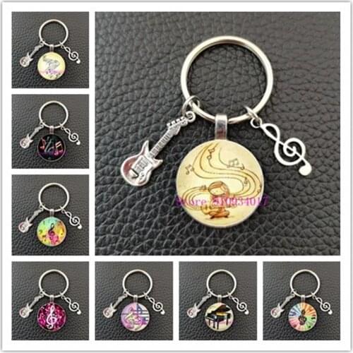 Musical instrument piano guitar clarinet flute music glass cabochon keychain musical note metal key ring holiday party gift