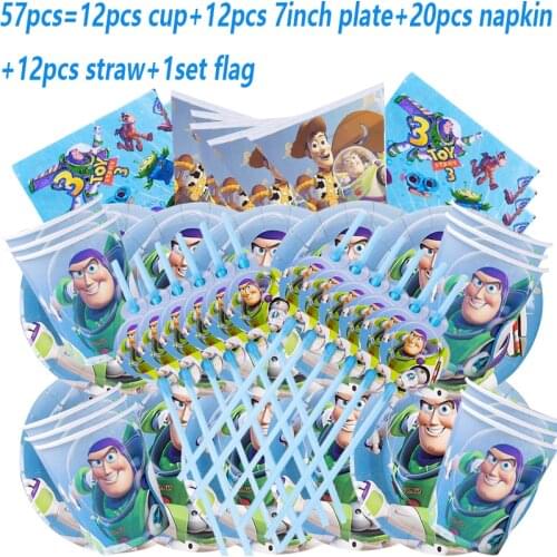 Disney Woody Buzz Toys Story 4 Cutlery Kids Birthday Party Decoration Supplies Disposable Tableware Supplies Paper Cups Plates