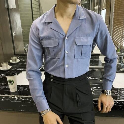 Safari Shirt Men Solid White blue Mens Cuba Collar Double Pocket Shirt Casual Slim Fit Shirt Italian Business Prom Shirts Men