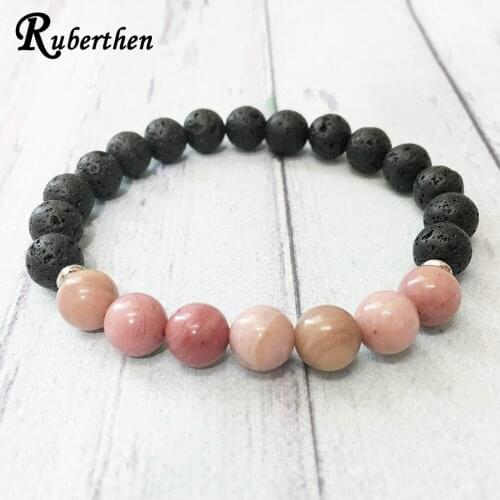 Ruberthen 8 mm Rhodonite Lava Stone Women`s Bracelet Healing Crystals Yoga Bracelet for Women Energy Protection Jewelry
