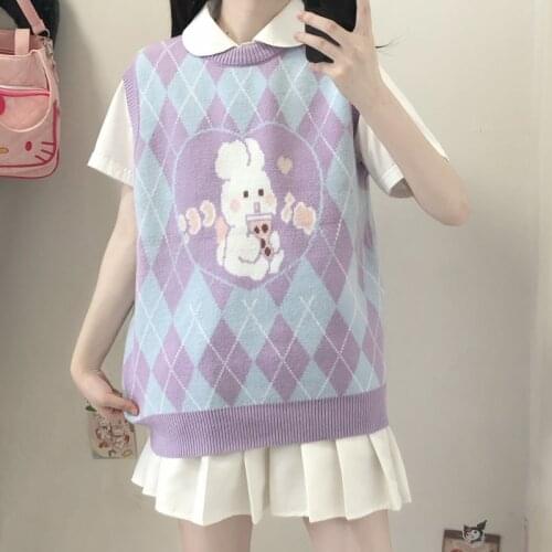 Japanese Preppy Style Sweet Soft Girly O-Neck Cute Sleeveless Cartoon Rabbit Color Contrast Pullover Knitting Vest Sweater