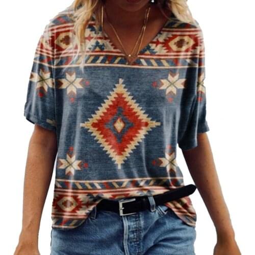 50%HOT Women T-shirt Geometric Print V Neck Summer Short Sleeve All Match Top for Beach